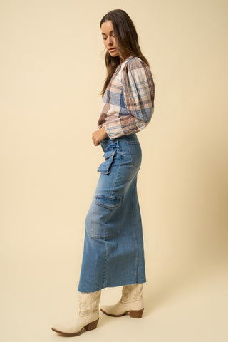 Hot Girl Denim Lab Cargo Maxi Skirt In Medium Wash