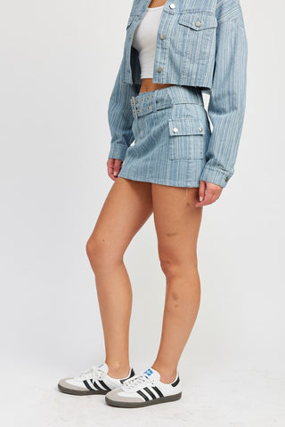 Hot Girl Dreamer Denim Belted Striped Mini Skirt