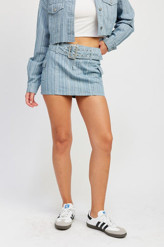 Hot Girl Dreamer Denim Belted Striped Mini Skirt