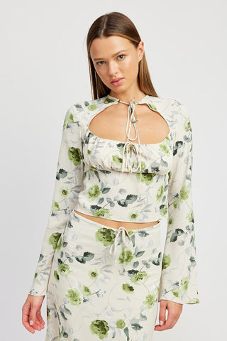 Hot Girl Green Ivy Floral Tie Neck Long Sleeve Blouse