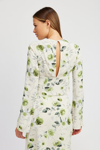 Hot Girl Green Ivy Floral Tie Neck Long Sleeve Blouse