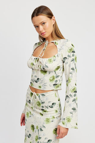 Hot Girl Green Ivy Floral Tie Neck Long Sleeve Blouse