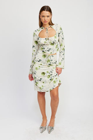 Hot Girl Green Ivy Floral Drawstring Midi Skirt