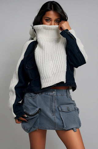 Hot Girl Street Chic Denim Mixed Knit Sweater