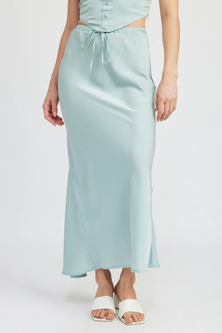 Hot Girl Emory Front Tie Satin Midi Skirt In Aqua