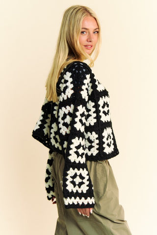 Hot Girl X Davi & Dani Two Tone Flower Crochet Open Front Cardigan In Black