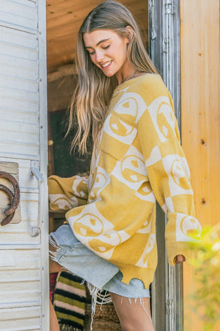 Hot Girl And The Why Checkerboard Yin Yang Sweater In Mustard