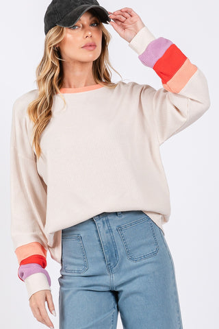 Hot Girl SAGE + FIG Color Block Waffle Knit Long Sleeve T-Shirt In Cream