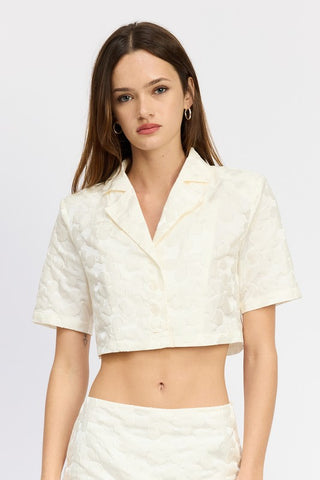 Hot Girl White Orchid Flower Embroidered Cropped Short Sleeve Shirt