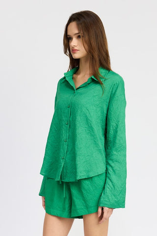 Hot Girl Envy Oversized Button Down Lounge Long Sleeve Shirt In Green