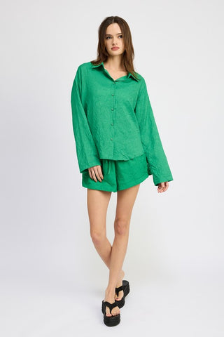 Hot Girl Envy Oversized Button Down Lounge Long Sleeve Shirt In Green