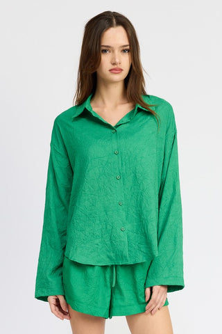 Hot Girl Envy Oversized Button Down Lounge Long Sleeve Shirt In Green