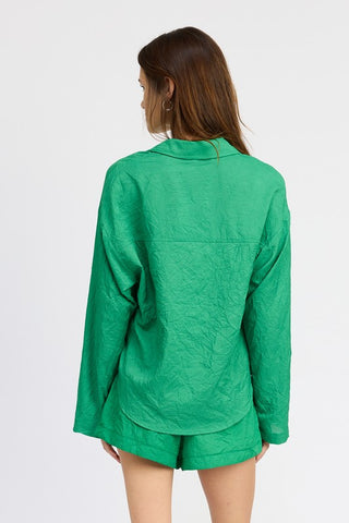 Hot Girl Envy Oversized Button Down Lounge Long Sleeve Shirt In Green