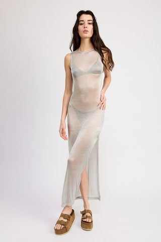 Hot Girl Commotion Sheer Side Slit Maxi Dress In Silver