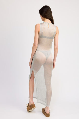 Hot Girl Commotion Sheer Side Slit Maxi Dress In Silver