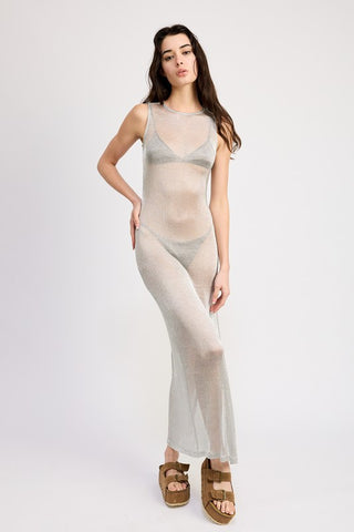 Hot Girl Commotion Sheer Side Slit Maxi Dress In Silver