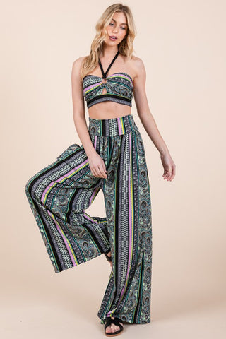 Hot Girl Eclectic Boho Halter Crop Top & Wide Leg Pant Set