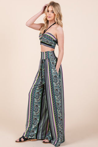 Hot Girl Eclectic Boho Halter Crop Top & Wide Leg Pant Set