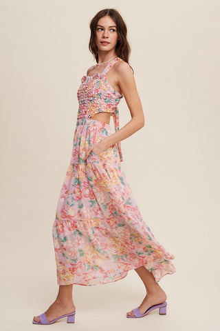 Hot Girl Floral Bubble Textured Cutout Maxi Dress