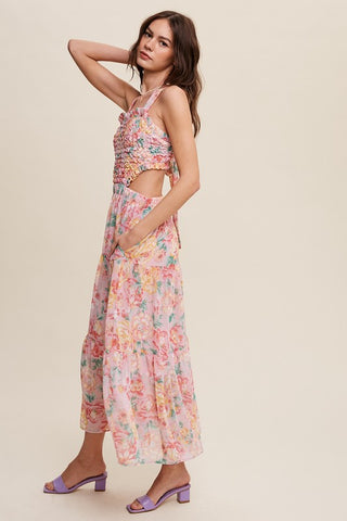 Hot Girl Floral Bubble Textured Cutout Maxi Dress