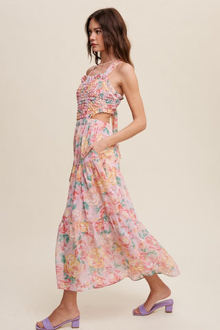 Hot Girl Floral Bubble Textured Cutout Maxi Dress