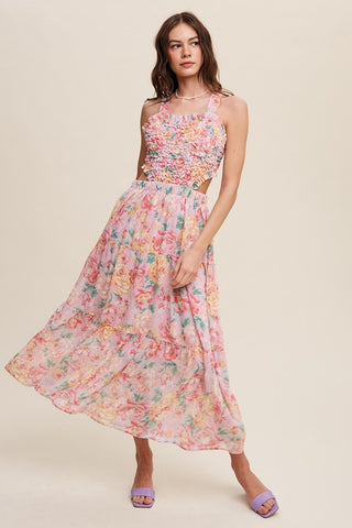 Hot Girl Floral Bubble Textured Cutout Maxi Dress