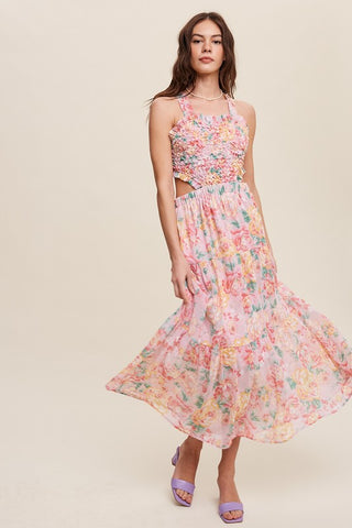 Hot Girl Floral Bubble Textured Cutout Maxi Dress