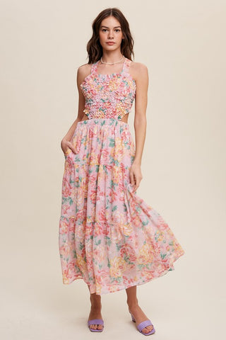 Hot Girl Floral Bubble Textured Cutout Maxi Dress