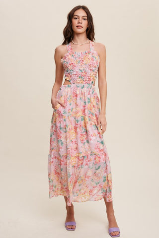 Hot Girl Floral Bubble Textured Cutout Maxi Dress