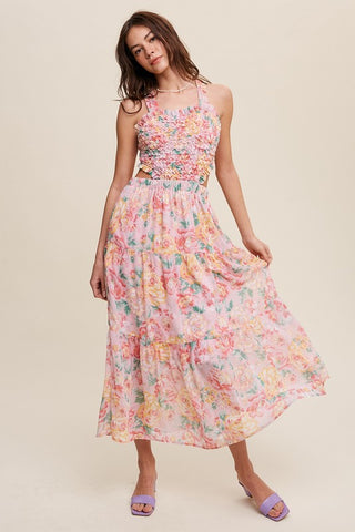 Hot Girl Floral Bubble Textured Cutout Maxi Dress