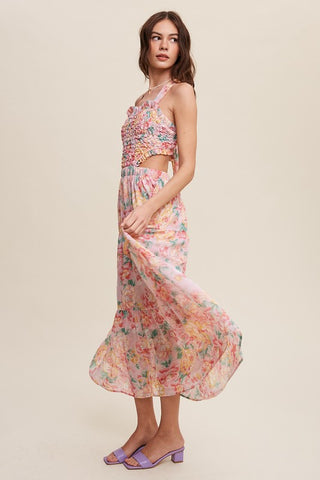 Hot Girl Floral Bubble Textured Cutout Maxi Dress