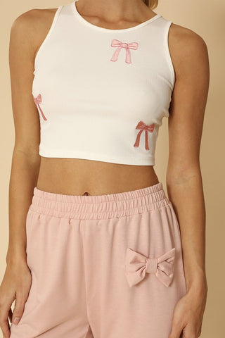 Hot Girl Ribbed Knit Bow Embroidered Cropped Tank In White