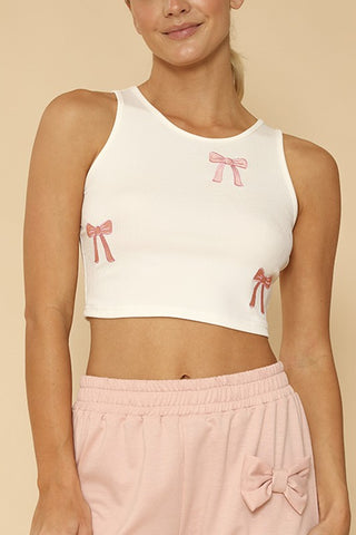 Hot Girl Ribbed Knit Bow Embroidered Cropped Tank In White