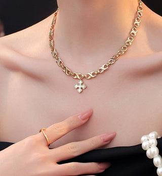 SoCali White Shell Cross 18K Gold Chain Necklace