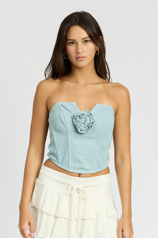 Hot Girl Rosette Denim Corset Top In Light Wash