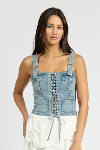 Hot Girl Lace Up Denim Cargo Corset Top