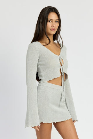 Hot Girl Luna Front Tied Lettuce Hem Long Sleeve Crop Top In Grey