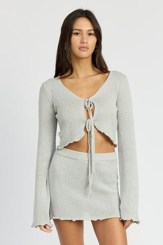 Hot Girl Luna Front Tied Lettuce Hem Long Sleeve Crop Top In Grey