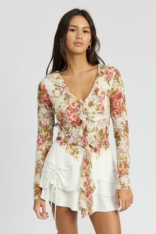 Hot Girl Rohdea Ruffle Floral Mesh Long Sleeve Blouse