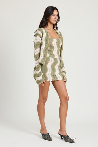 Hot Girl Calabasas Crochet Bell Sleeve Striped Cardigan In Sage