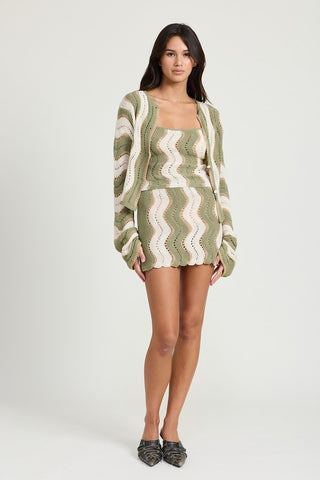 Hot Girl Calabasas Crochet Bell Sleeve Striped Cardigan In Sage