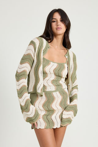 Hot Girl Calabasas Crochet Bell Sleeve Striped Cardigan In Sage