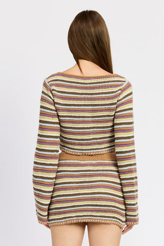 Hot Girl Desert Daze Striped Crochet Long Sleeve Crop Top