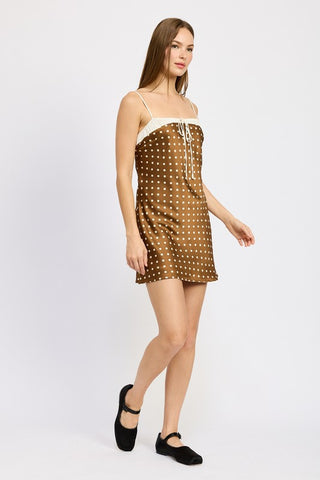 Hot Girl Vintage Look Polka Dot Satin Mini Dress In Brown