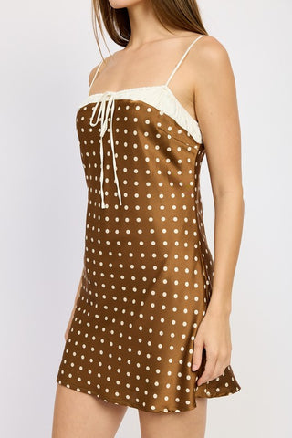 Hot Girl Vintage Look Polka Dot Satin Mini Dress In Brown