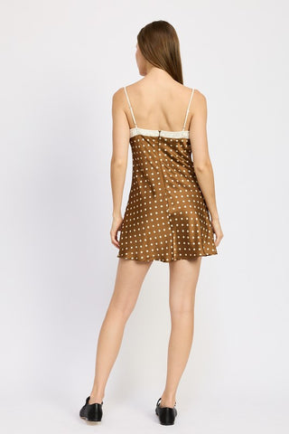 Hot Girl Vintage Look Polka Dot Satin Mini Dress In Brown