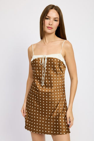 Hot Girl Vintage Look Polka Dot Satin Mini Dress In Brown