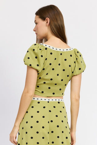 Hot Girl Trad Wife Lace Trim Polka Dot Cropped Short Sleeve Top In Olive