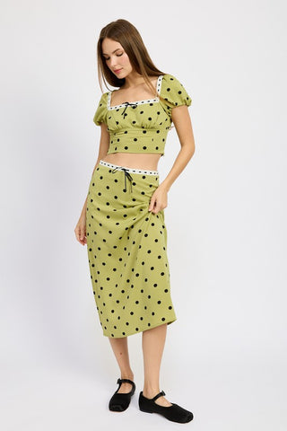 Hot Girl Trad Wife Lace Trim Polka Dot Cropped Short Sleeve Top In Olive