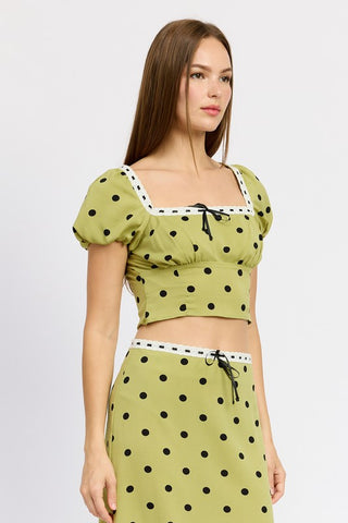 Hot Girl Trad Wife Lace Trim Polka Dot Cropped Short Sleeve Top In Olive